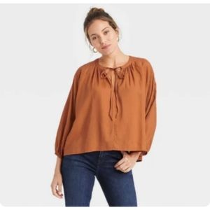 A New Day a.n.d. Raglan Long Sleeve Tie Front Linen Blend Top Size X SMALL